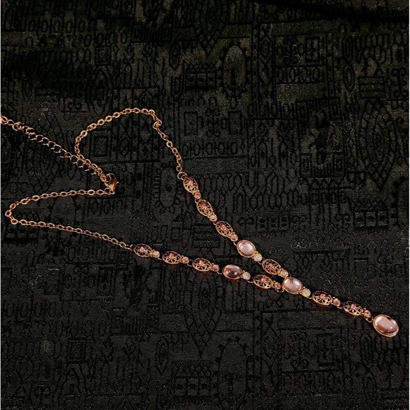 Vintage AVON Pink Glass Cabochon Y Drop Necklace Copper Filigree & Chain 22" - Picture 12 of 12